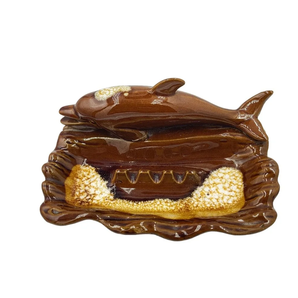 Vintage Sea World Ashtray Brown Ceramic Dolphin Souvenir Sunshine Imports‎ Dish